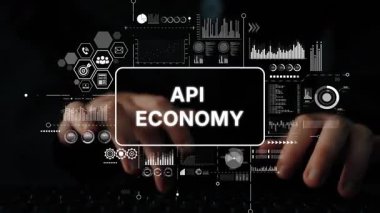 API Ekonomi Konsepti ve Finansal Veri ve Teknoloji Eğilimlerini Gösteren Dijital Grafiklerle Eller Klavyede Yazıyor. Asemptotik akıllı veri analitiği.