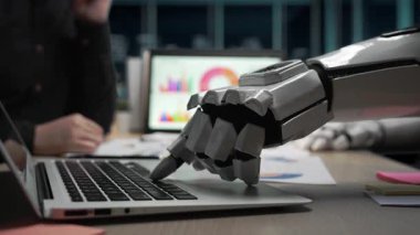 Yapay zeka destekli bir asistanın araştırma, analitik ve stratejik tartışmalarda iş profesyonellerini destekleyerek verimliliği artırdığı gelecekteki ofis ortamları. Noogenesis Yapay Zeka