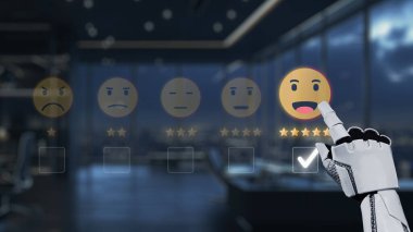Robot bir el, yapay zeka teknolojisinin müşteri geribildirimi ve tatmin analizine entegrasyonunu sembolize eden çağdaş ofis ortamında gülen bir simge seçer. Auvana