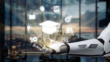 Şık bir robot el, gün batımında çarpıcı bir şehir manzarasına karşı eğitimi ve yeniliği sembolize eden dijital ikonlar sergiliyor. Auvana