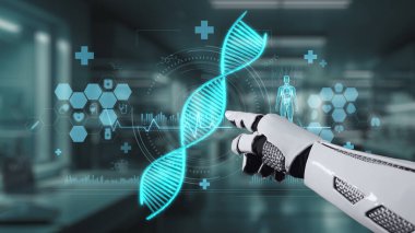 Bulanık laboratuvar arka planına sahip DNA hologramına robotik el gösterimi ve dokunuşlarını kapat. Tıbbi verilere erişmek ve onları teşhis semptomlarına bağlamak için robot el DNA ikonuna tıklıyor. Sağlıklı..