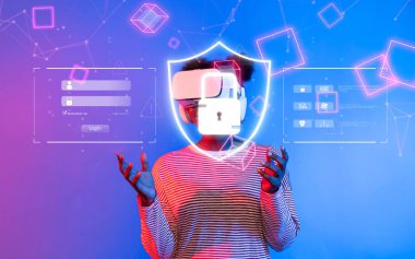 Çevrimiçi bir ortamda dijital güvenlik, mahremiyet ve veri koruması odaklı sanal gerçekliğin sergilendiği fütüristik bir sahneyi keşfedin. XDMCP