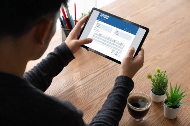 Muhasebe uygulamasından gelen fatura bilgisayar ekranında. Şirket işlerinin finans ve bütçesi için bilgisayar programı. Rahatça..