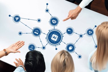 Bir iş toplantısı sırasında çeşitli profesyonellerden oluşan bir grup, yapay zeka kavramları, görsel bağlantılar ve modern bir çalışma alanındaki etkileşimleri tartışıyor. Dostluk