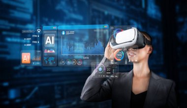 Sanal gerçeklik teknolojisiyle uğraşan bir iş adamı modern, yüksek teknolojili bir çalışma alanında yapay zeka tarafından desteklenen veri içgörülerini analiz eder. XDMCP