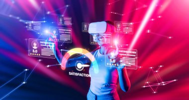 Bu resim, müşteri memnuniyeti ve çevrimiçi inceleme analizine odaklanmış, geri bildirim değerlendirmesindeki bağlantının ve teknolojinin vurgulandığı sanal bir gerçeklik sahnesini tasvir etmektedir. XDMCP