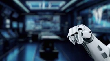 Fütürist bir robot el, teknoloji simgeleriyle dolu dijital bir arayüze uzanıyor. Bu video otomasyon ve iletişimdeki yeniliği simgeliyor. Auvana