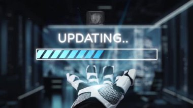 Fütüristik bir robot el, arayüz simgeleri ile çevrili, teknolojik gelişmeyi ve yeniliği sembolize eden yüksek teknolojili bir dijital alan içerisindeki ilerleme çubuğunu gösterir. Auvana