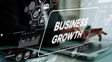 Kurumsal Başarı ve Geliştirme için Dijital Elementler, Grafikler ve Teknoloji Etkileşimi ile İş Büyüme Konsepti. Asemptotik akıllı veri analitiği.