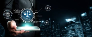 Bu resim, dijital dünyadaki yapay zeka etiği ve hukuki hususların kesişmesini gösteriyor, uyum, yönetim ve siber güvenlik sorumluluklarını vurguluyor. XDMCP