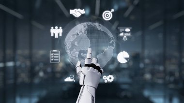 Fütüristik bir robot el dijital simgelerle çevrili, iş dünyası, iletişim ve yenilik yolları üzerindeki teknolojik etkiyi temsil eden 3 boyutlu bir küreyi işaret eder. Auvana