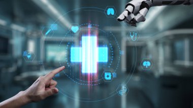 Robot ve insan elini uzatıyor ve yüzen tıbbi haç ikonu ile parmağıyla işaret ediyor. Laboratuvar geçmişini işaret ederken robot eller ve insanların birlikte çalışması yakın plan. Sağlıklı..