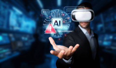 Sanal gerçeklik kulaklığı takan bir işadamı, yapay zeka, uyarı sembolleri ve dijital etkileşimleri içeren ileri teknoloji kavramlarını araştırıyor. XDMCP