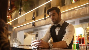 Lüks barlarda cin kokteyli ya da tonik servisi yapan akıllı barmenlere odaklanırken, arka plandaki VIP müşterilerle sıcak gece kulübünün ışıklandırma atmosferinde canlı sohbetler yapıyorlar. Vinosity.