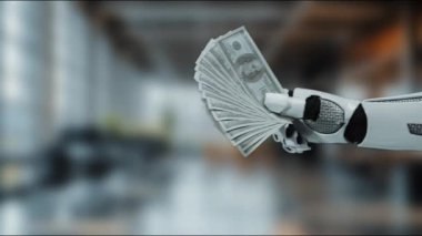 Fütürist robotik bir el zarif bir şekilde bir nakit hayranı tutar, gösterişli bir ofis ortamında otomasyon, teknoloji ve modern finans temalarını temsil eder. MZL