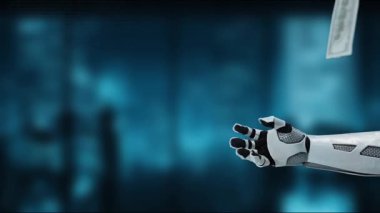 Teknoloji ve finansmanın yenilikçilikte yakınlaşmasını temsil eden büyüleyici bir dijital ortamda dolar banknotları taşarken bir robot kolun uzandığı gösterilmektedir. MZL