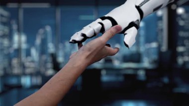 Modern ofis ortamında teknoloji ve iş büyümesini temsil eden grafikler ve metriklerin yer aldığı dijital veri görselleştirmesinin holografik görüntüsüne uzanan bir el. Auvana