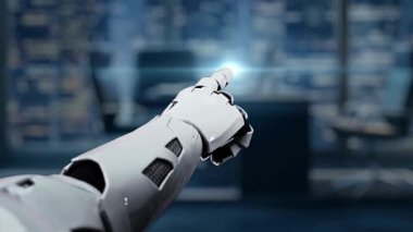 Gösterişli bir robot kolu, canlı bir şehre bakan çağdaş bir ofiste, bir ilerleme çubuğuyla 