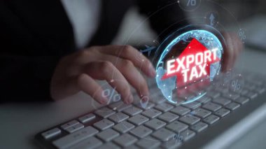 Klavyede Red Arrow 'la Küresel İhracat Vergisi Konsepti Gümrük Tarifelerinin Ekonomik Etkisini ve Uluslararası Ticaret Vergilerini Gösteriyor. Sevkiyat.
