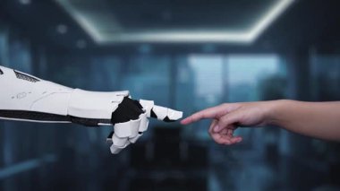 Bir robot el ve bir insan eli dijital kilit arayüzüne ulaşarak, verilerle dolu modern bir çalışma alanındaki siber güvenlik işbirliğini sembolize ediyor. Auvana