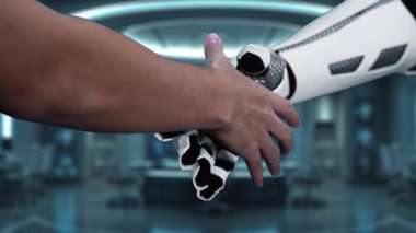 Siber güvenlik ve veri korumasının geleceğini sembolize eden, yüksek teknolojili bir ortamda insan eli ve robot bir eli gösteren büyüleyici bir video. Auvana