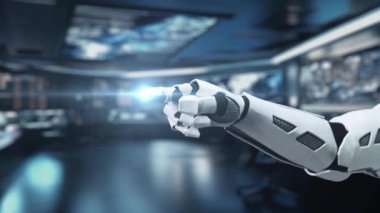 Fütüristik bir robot el dijital veri güvenlik arayüzü ile etkileşime girer ve modern bir kontrol merkezinde siber güvenlikteki teknolojinin önemini vurgular. Auvana