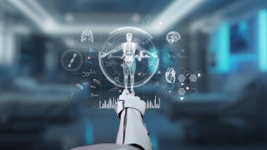 İnsan anatomisine tıklayarak tıbbi verilere ya da teşhislere ulaşın. Semptomu analiz ederken X ışını hologramında robot el kontrolü. Sağlıklı..