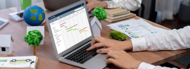 Ekip projesinin zaman çizelgesini gösteren bilgisayar ekranında canlı iş projesi yönetimi için proje planlama yazılımı