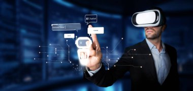 Bir adam sanal gerçeklik teknolojisiyle etkileşime girer, gelişmiş iletişim ve kullanıcı deneyimi için yapay zeka ile iletişim kuran bir sohbet robotu kullanır. XDMCP