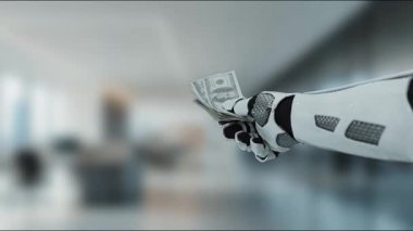 Robotik bir el, teknoloji ve finansmanın kesişimini gösteren gösterişli bir ofis ortamında nakit para sunar. Bu resim modern işlemlerin ve otomasyonun temalarını yakalar. MZL