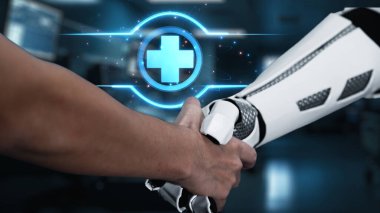 Robot elini kapat ve insan elini tıbbi çapraz hologramla sık. Yapay zeka ve insan birlikte çalışmak ya da bulanık laboratuarlarla yüzen çapraz hologramla anlaşma yapmak. Sağlıklı..