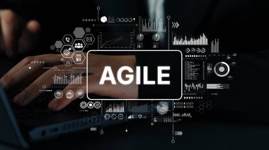 Çevik Proje Yönetimi Konsepti Çalışma ve Verimliliği temsil eden Dijital Grafikler ve Grafikler. Asemptotik akıllı veri analitiği.