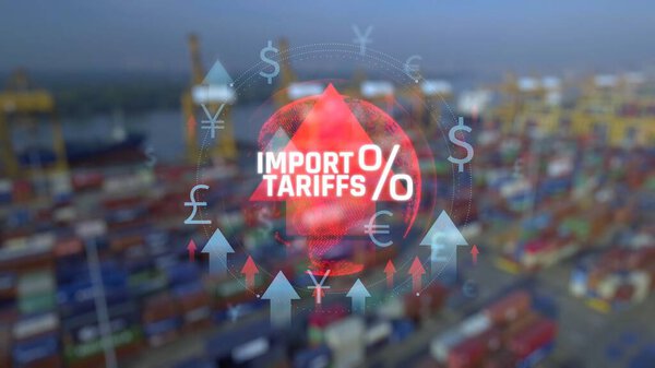 Влияние импортных тарифов на глобальную торговлю, иллюстрируемую контейнерами и графикой в оживленном порту. Консигнация.