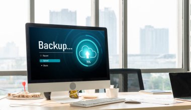 Yedek Depolama Verisi İnternet Teknolojisi İş Konsepti. Veritabanı depolama teknolojisi dosya aktarım paylaşımı, siber, büyük veri bilgileri, internet bankacılığı uygulaması indirme işlemi kolayca yapılır