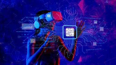 Sanal gerçeklik teknolojisi ve yapay zeka arasındaki etkileşimi gösteren, dijital bir diyardaki derin deneyimleri vurgulayan fütüristik bir sahneyi keşfedin. XDMCP