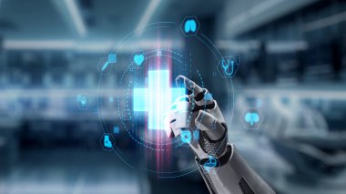 Robotik el işaretini kapat ve bulanık laboratuvar geçmişine sahip çapraz holograma dokun. Tıbbi verilere erişmek ve onları teşhis etmek için robot el tıklaması. Sağlıklı..