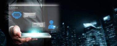 Yapay zeka sanal asistanı Chatbot ile yapay zeka konsepti ile insan etkileşimi, yapay zeka mühendisliği, LLM yapay zeka derin öğrenimi iş desteği için üretken yapay zeka kullanımı. FaaS