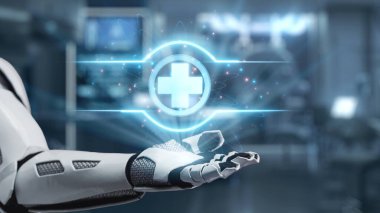Tıbbi haç hologramı havada süzülürken robot elinin avuç içini kapat. Tıbbi verilere erişip, semptomlara bağlanırken tıbbi çapraz holografiği gösteren bir el. Sağlıklı..