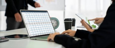 Bilgisayar ekranındaki muhasebe yazılımı finansal hesap tablolarını ve kurumsal iş dengelerini gösteriyor. Muhasebeciye iyi bir muhasebe sunuyor.