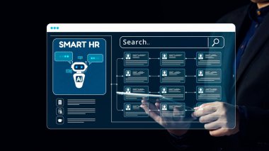 Bu resim, dijital çalışma alanında verimli eleman alımı ve çalışan yönetimi için bir Al-integral yazılım arayüzünü vurgulayan yenilikçi akıllı HR teknolojisini sergiliyor. Dörtgen