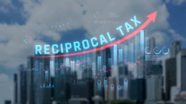 Arka planda Karşılıklı Vergi Eğilimleri ve Finansal Büyümenin Dijital Temsili ile Modern City Skyline. Sevkiyat.