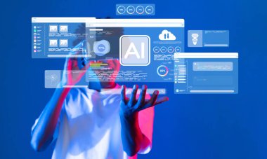 Bir insan, yapay zeka elementlerinin yer aldığı ve dijital çağda insan kapasitesi ile gelişmiş teknoloji arasındaki sinerjiyi gösteren gelecekteki sanal arayüzle etkileşim halindedir. XDMCP