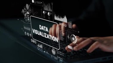 Yüksek Teknolojik Dijital bir ortamda, bilgisayarda Veri Görselleştirme Grafikleri ile Eller Yazıyor. Asemptotik akıllı veri analitiği.