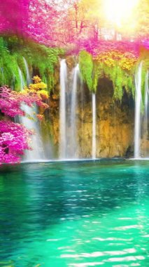 Plitvice Gölleri Hırvatistan 'daki şelale manzarasının kusursuz video klibi, fantezi yeşillik rengi. Rahatlama manzarası arka planı için sakin doğa manzarası .