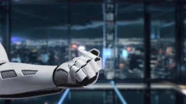 Fütürist bir robotik kol, kentsel yenilikte teknoloji ve finansmanın kesişimini gösteren, şehrin ufuk çizgisi zeminli finansal büyüme grafiklerini sergiliyor. Auvana