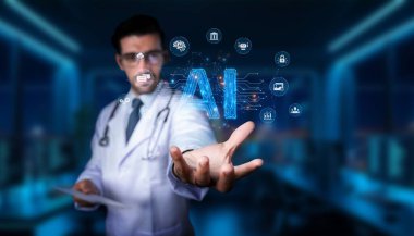 Laboratuvar önlüklü bir doktor, tıbbi yenilikleri sembolize eden yüksek teknoloji laboratuvar geçmişine karşı dijital simgeli yapay zeka kavramını görsel olarak sunuyor. PHMT