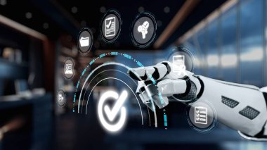 Fütüristik bir robot el, yenilik ve verimliliği somutlaştıran modern bir çalışma alanında teknolojinin ve otomasyonun sembollerini gösteren dijital bir arayüzle etkileşir. Auvana