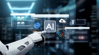 Veri görselleştirmeleriyle dolu dijital ekranda gelişmiş yapay zeka teknolojisiyle etkileşen bir robot kol, otomasyon ve analizdeki gelecekteki yenilikleri temsil ediyor. Auvana