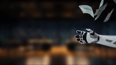 Fütürist bir robotik elin, günümüz dünyasında teknoloji ve finansal işlemlerin kesişimini vurgulayarak şık bir finansal ortamda banknotlar yayınladığı görülüyor. MZL