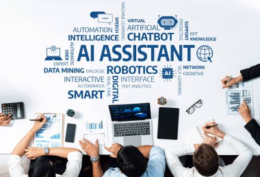 İş dünyasındaki yapay zeka asistanları kavramını gözler önüne seren modern bir çalışma alanı, veri madenciliği, sanal destek ve daha akıllı karar verme ve yenilikler için robotları ön plana çıkarıyor. Dostluk